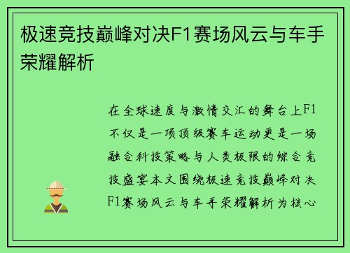 极速竞技巅峰对决F1赛场风云与车手荣耀解析