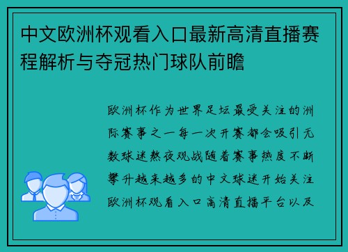 中文欧洲杯观看入口最新高清直播赛程解析与夺冠热门球队前瞻